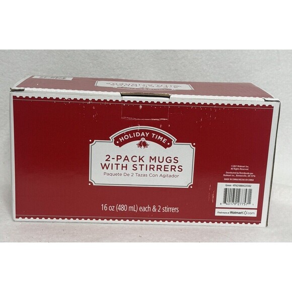 Holiday Time 2 pack Coffee Tea Mugs With Stirrers 16 oz New Green 2021 Shortage - Picture 4 of 5